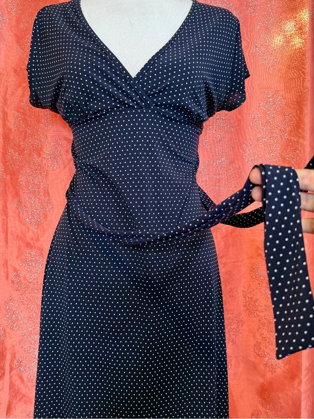 Vintage Body Central Polka Dot V-Neck Short Sleeve Dress in Navy - Picture 3 of 8